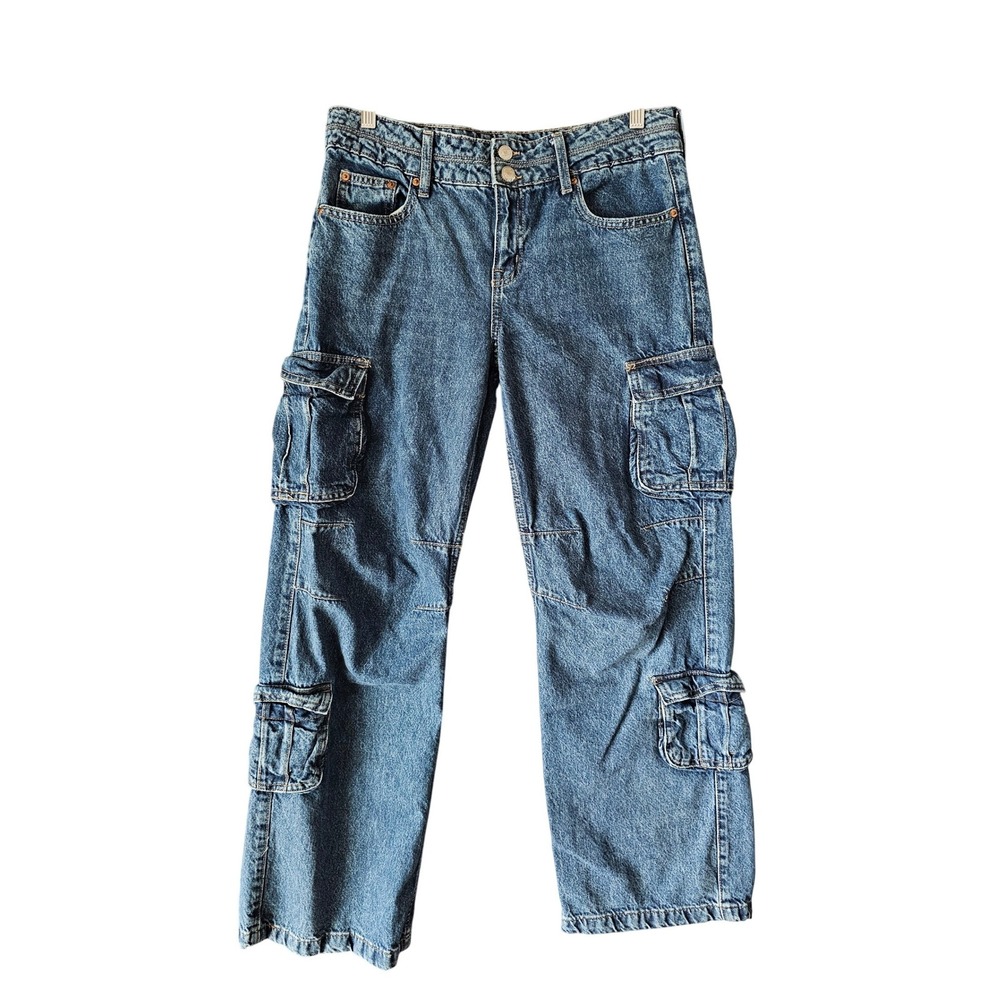 Aeropostale Baggy Wide Leg Cargo Jeans Medium Wash Blue Denim Multi Pocket sz 6R